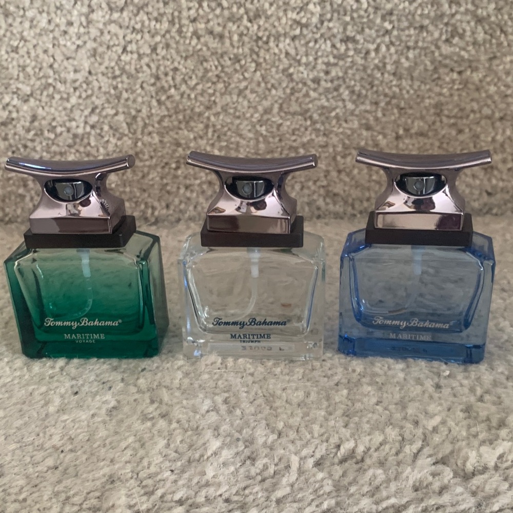 Tommy Bahama Mini Cologne Trio — Green, Clear, Blue Bottles - All are Empty